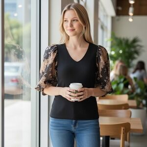 Dolan Left Coast Collection Black V-Neck Ribbed Top Lace Puff Sleeve XS